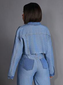 Slaydiva Women's Casual Washed Fray Hem Cropped Denim Jacket - Blue - View 3
