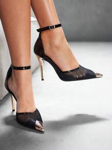 CUCCOO SZL Women Sexy Fashion Pointed Toe Metal Buckle Black Breathable Mesh Strap Buckle Ladies Thin High Heel Hollow Out Pumps Spring Shoes Spring Break Easter For Christmas - Black - View 2