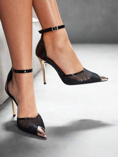 CUCCOO SZL Zapatos de tacón alto delgados de malla transpirable con hebilla de metal y punta afilada, estilo sexy y moda para damas, diseño calado para primavera