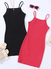 SHEIN Leap Crew Teen Girl 1 Get 1Free 2pcs/Set ,Rose Red,Black Ribbed Cami Bodycon Mini Dress - Multicolor - View 1