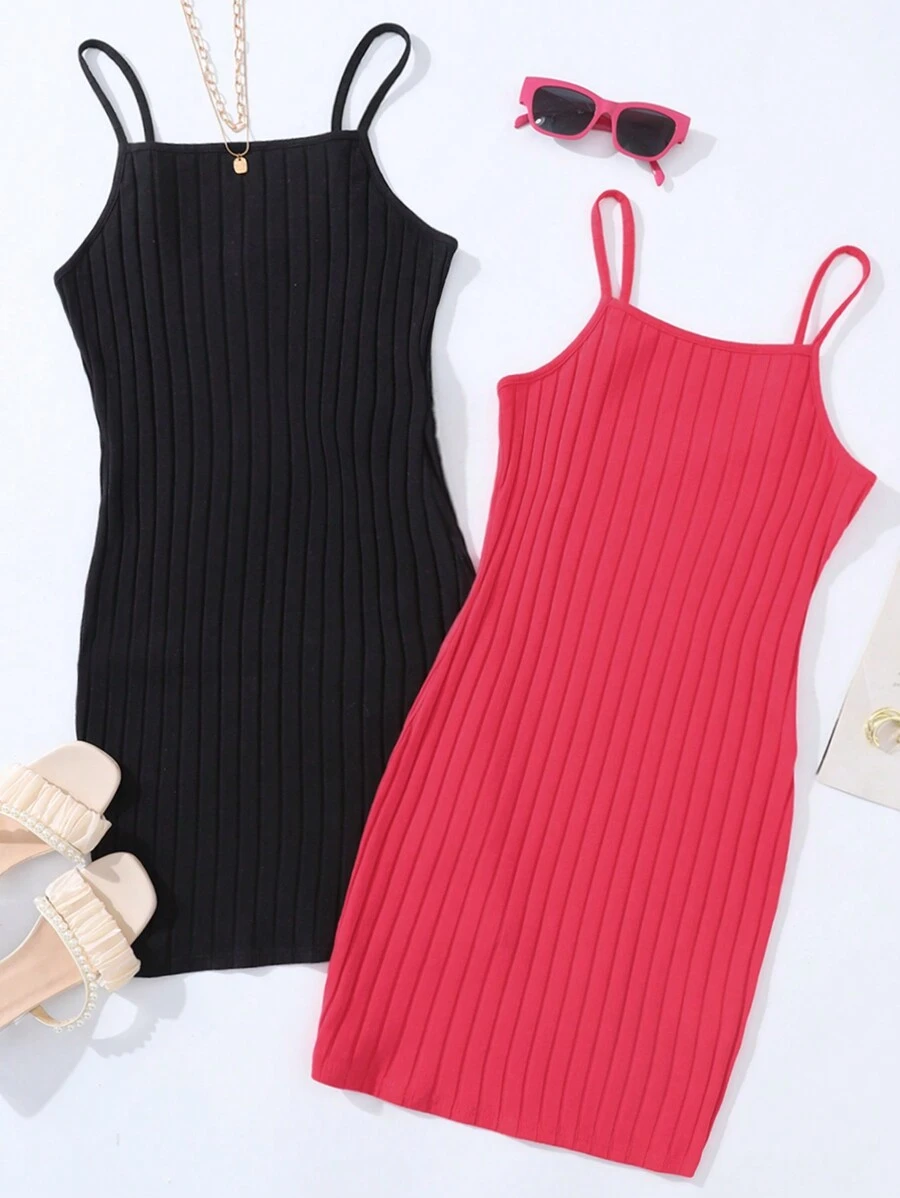 SHEIN Leap Crew Teen Girl 1 Get 1Free 2pcs/Set ,Rose Red,Black Ribbed Cami Bodycon Mini Dress - Multicolor - View 1
