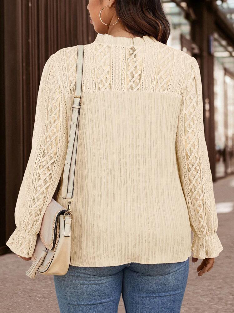 SHEIN Clasi Plus Size Casual Solid Color Lace Patchwork Shirt - Apricot - View 2