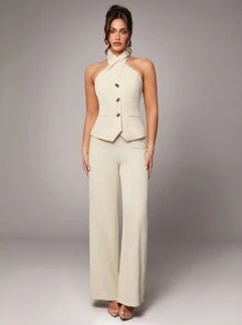 Silquee Women's Daily Simple Date Wear, Elegant Party, Seasonal Spring Wear, Sleeveless Solid Color, Apricot Pocket Design, Metal Buckle Slim Design, High Quality Women's Suit Two-Piece Suit, Suit Top & Pants Suitable For Cocktail Parties, Romantic Dates, Autumn And Winter Party Bottoms, Formal Dance Party, Bridesmaid, Evening Dress, Girlfriends Party, Office - Apricot - View 1