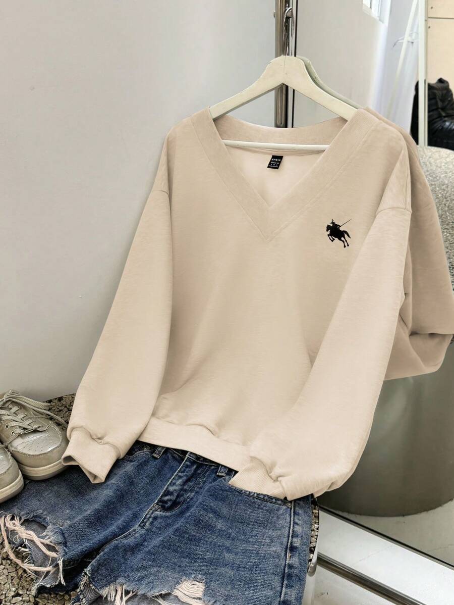 SHEIN EZwear Casual Minimalist Solid Color Khaki V-Neck Oversized Loose Sweatshirt With Horse Pattern, Suitable For Autumn/Winter,Fall