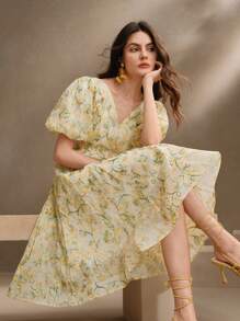 Anewsta Vestido de verano con cintura ceñida y estampado floral menudo verde para mujer en primavera - Verde - Ver 1