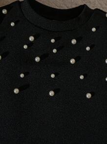 Elladie kids 年轻女孩珍珠装饰圆领短款泡泡袖 T 恤 - 黑色 - 查看 5