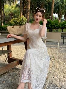 DAZY 蕾丝荷叶袖中长连衣裙，女士度假装扮 - 白色 - 查看 3