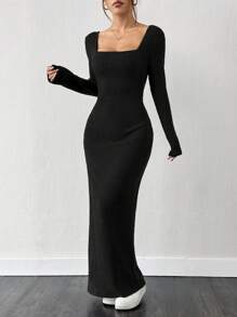 SHEIN EZwear Women's New Plush Ribbed Square Collar High Slit Dress, Autumn/Winter - Black - View 5