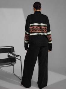 SHEIN Cottnline Women's Geometric Pattern High Neck Sweater 2pcs/Set - Multicolor - View 2