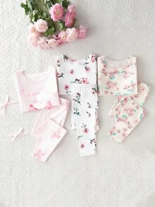 بنطلون طويل وقميص قصير بياقة زهور للبنات الصغيرات، طقم بيجامة مكون من 6 قطع مناسب للبسها في المنزل بشكل عادي ك-زي نوم أو ملابس منزلية. تصميمه البسيط يسمح بتنسيقه بسهولة مما يضفي على الفتاة طلة أنيقة ونشطة في المنزل. من قماش مرن ومنفذ للهواء، قابل للغسل في الغسالة، وارتداء مريح وسهل العناية. (يباع طقمان بشكل منفصل) - متعدد الألوان - مشاهدة 3