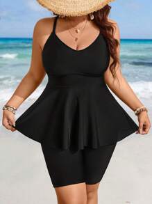 Swim Lushoire 大码女式 2 件纯色上衣搭配荷叶边裙子和交叉后背下装分体式泳衣套装适合夏季海滩度假