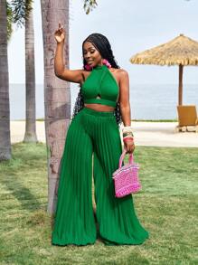 Slaydiva Women Summer Casual Beach Vacation Sleeveless Twist Knot Vest Top And Wide Leg Pleated Pants 2 Pieces Set - Green