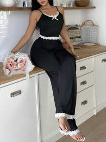 Y2K stil kvinnor spets trim kamisole och shorts Pyjamas Set