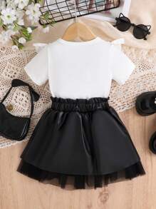 Baby Girls French Floral Lace Trim White T-Shirt & Black Mesh Skirt 2pcs Set, Sweet & Elegant, Summer - Black - View 2