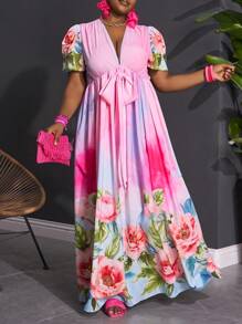 Slaydiva Plus Size Women's V-Neck Twist Knot Puff Sleeve Tie Belt Floral Print A-Line Dress, Vacation & Romantic & Formal & Elegant, Spring/Summer,Beach Dress Sundress,Holiday Outfits Boho - Multicolor - View 7