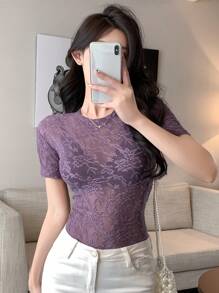 DAZY 女士花卉蕾丝圆领短袖修身 T 恤
