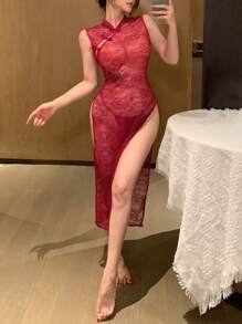 DAZY 2pcs Chinese Style Cheongsam Silhouette Bow Mesh Sheer Nightgown & Thong Set, Sexy Women Summer Sleepwear