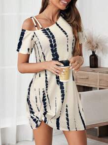 SHEIN LUNE Vestido corto de manga corta para mujer, de uso diario y salidas, con nudo en el bajo, de estilo básico, para primavera/verano