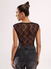 SHEIN BAE Elegant Sexy Solid Color Lace Patchwork Bodysuit - Black - View 2