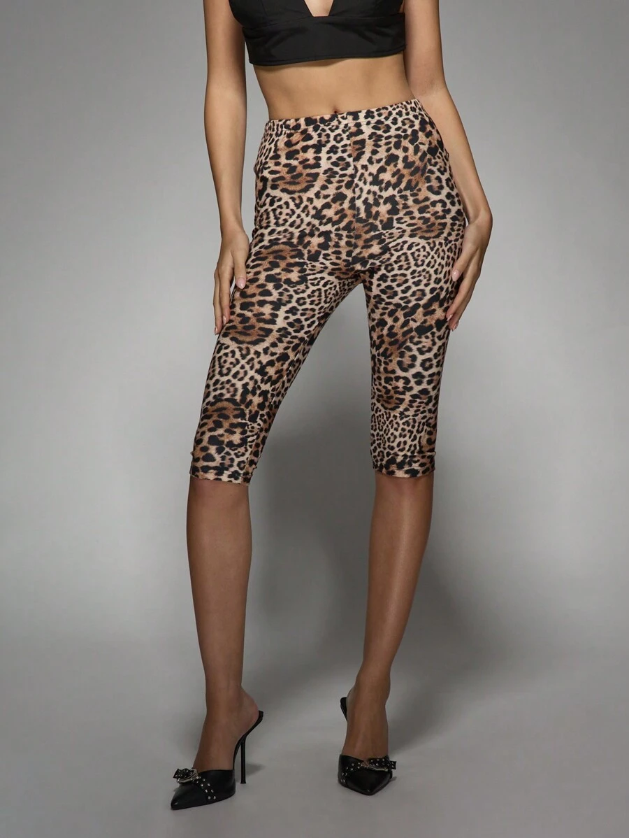 MISSGUIDED Leopard Print High Rise Biker Shorts Compression Workout Athletic Gym Running Cycling Shorts Dance Yoga Capri Length Leggings - Multicolor - View 1