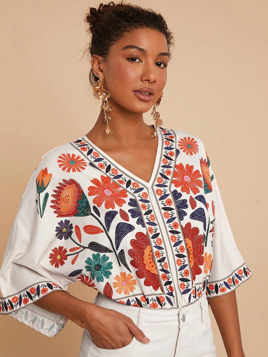 Travachic Woven Printed V-Neck 3/4 Women's Bodysuit - White - View 1