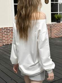 SHEIN Unity 1 件纽约地标印花不对称领口运动衫 - 白色 - 查看 2