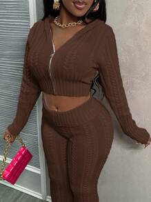 Slaydiva 2pcs/Set Casual Pink Hooded Cardigan And Low Waist Flared Knitted Pants Set - Brown - View 4