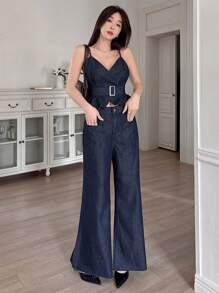 DAZY 女士 V 领交叉吊带背心 + 阔腿牛仔裤两件套 - 深色水洗藍 - 查看 5