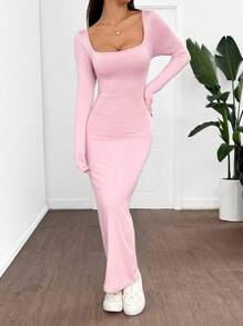 SHEIN EZwear Women's Fall/Winter Basic Knit Grey Fitted Square Neck Long Sleeve Dress - Pink - View 3