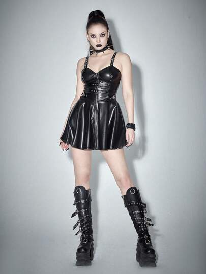 Grunge Punk Women's Sexy PUNK Style PU Metal Eyelets Valentine's Day Short Dress