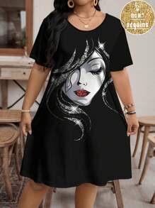 SHEIN LUNE Váy cổ tròn tay ngắn họa tiết chân dung tối giản giản dị cỡ lớn, phù hợp cho mùa hè - màu đen - Xem 3