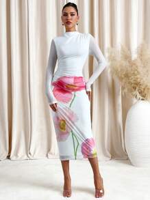 Lavishia Women Floral Print Ruched Long Sleeve Elegant Midi Dress, Bodycon Casual Wear