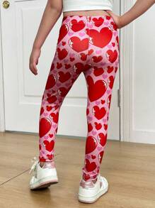 SHEIN Girls' Sweet Heart Print Leggings, Suitable For Valentine's Day Party, Everyday Wear, Home - Pink - View 2