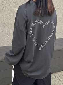 FRIFUL Women's Loose Gray T-Shirt With Rhinestone Heart Print, Spring,Graphic Tees Long Sleeve Women Tops