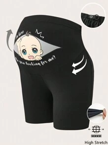 SHEIN Regulowane w pasie legginsy ciążowe, krótkie rajstopy z nadrukiem graficznym