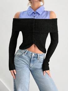 SHEIN Essnce Women's Autumn Striped Patchwork Open Shoulder Long Sleeve Fitted Top - Black - View 6