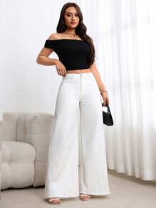 Breezaya Women's Wide Leg White Casual Loose Pocketed Denim Jeans