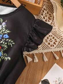 Teen Girls Casual Holiday Cap Sleeve A-Line Black Floral Print Dress,Holiday Summer Travel - Black - View 4