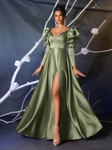 Glamrae Robe de soirée longue élégante en satin à manches ballons, col V en maille, corsage baleines, taille haute évasée. Robe d'invitée de mariage avec fente haute sur le côté, robe de soirée - Vert - Voir 6