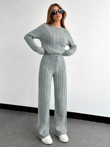 SHEIN PETITE Women Casual Minimalist Cable Knitted Sweater And Pants Set, Suitable For Autumn/Winter - Light Grey - View 1