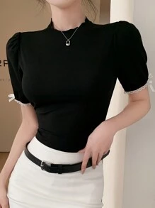 DAZY Women's Contrast Color Lace Patchwork Short Sleeve Mock Neck T-Shirt - Black - View 2