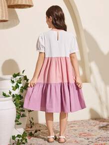 SHEIN Vestido de niña preadolescente de uso casual diario, fiesta y versátil con cuello redondo de manga corta y parches de unicolor