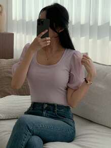 DAZY Damen Lanternärmel Figurbetontes Kurz-T-Shirt - Mauve - Übersicht 3