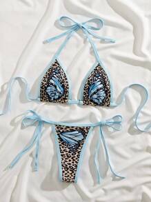 SHEIN Swim 2pcs/Set Women's Sexy Avant-Garde Asymmetrical Leopard Print + Butterfly Texture Print Tie Strap Bikini Set, Suitable For Music Festival, Beach Outing For Summer Beach Vacation