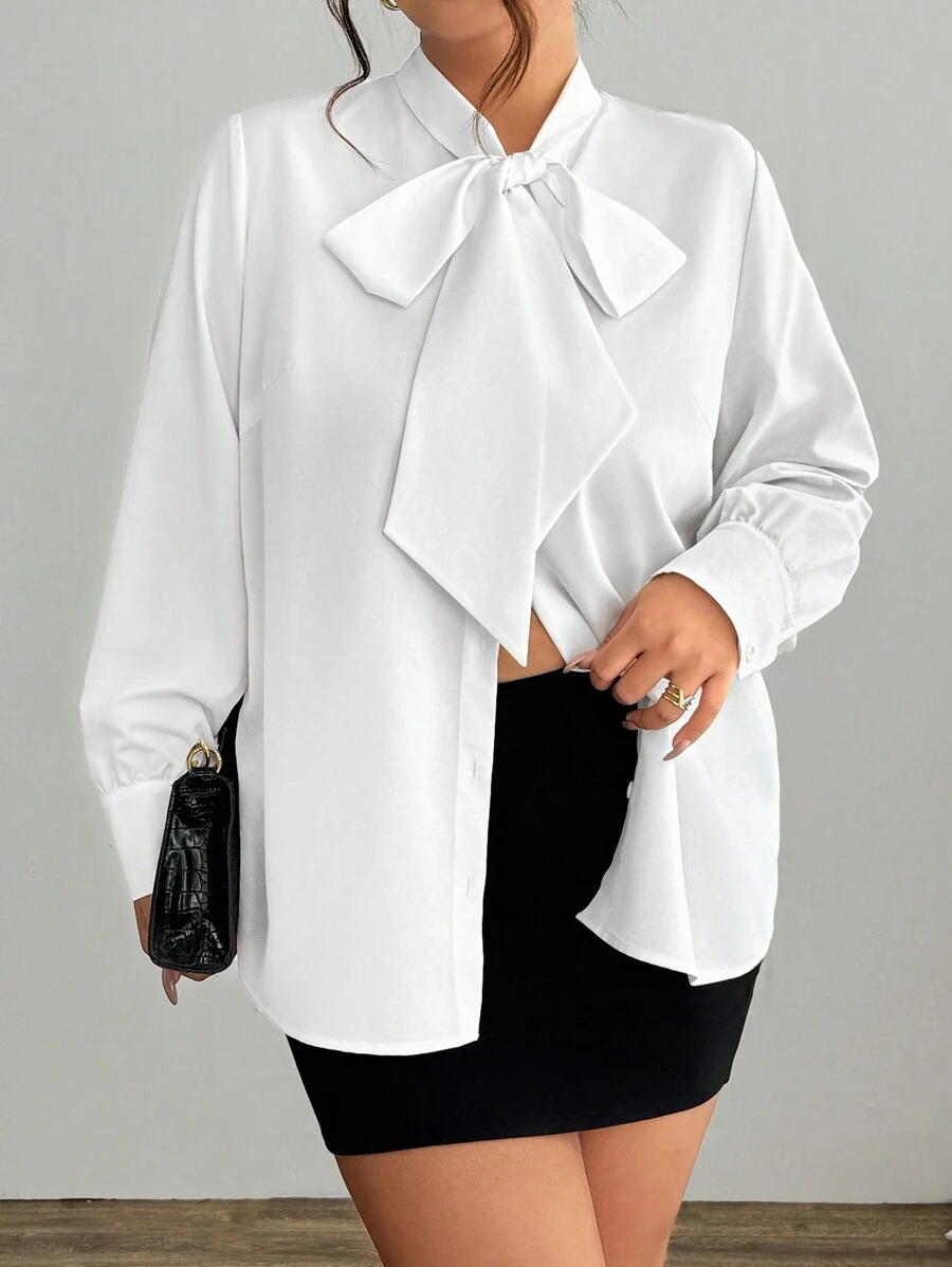 Elenzga 大码纯色时尚休闲蝴蝶结长袖基本款衬衫，春秋 - 白色 - 查看 1