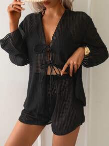 2pcs Women's Holiday Textured Fabric Bowknot Swimsuit Cover Up Set Summer