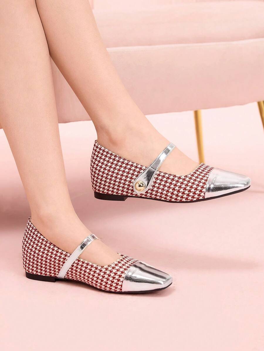 CUCCOO DOLLMOD Giày bệt mũi vuông họa tiết Houndstooth dành cho nữ ngày lễ tình nhân - Đỏ - Xem 1
