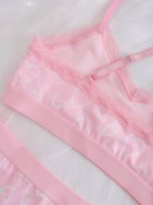 2pcs/Set Young Girls Lace & Heart Print Comfortable Bra And Panty Set, Cute & Sweet Intimate Apparel For Teenagers - Pink - View 5