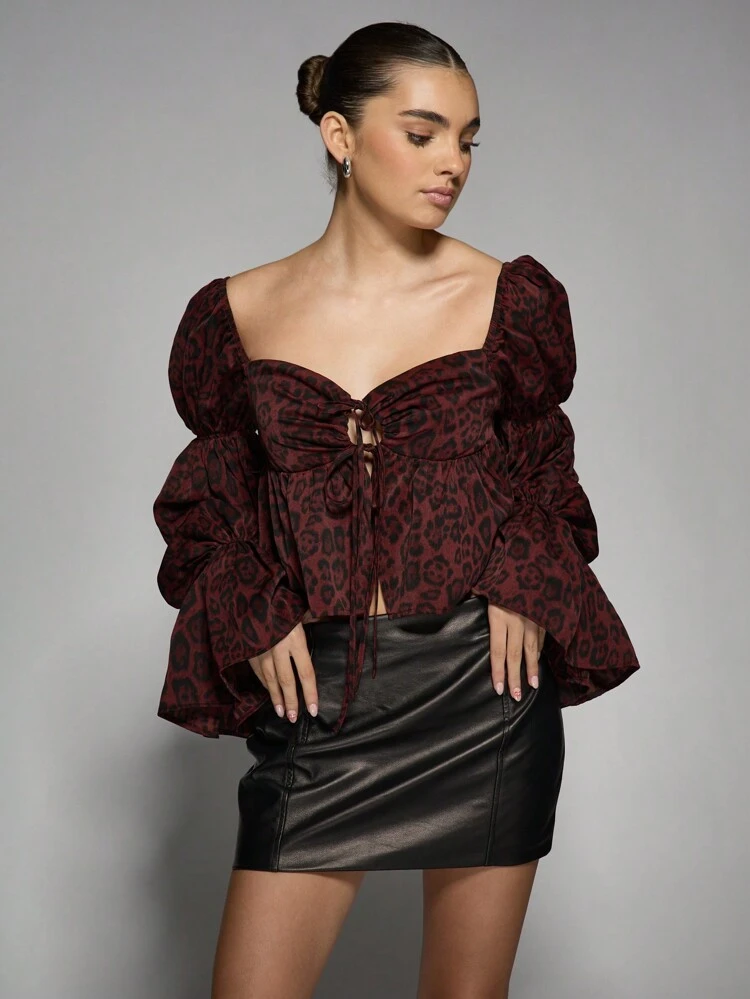 MISSGUIDED Luksusowa bluzka z bufiastymi rękawami w stylu gorsetu, zwierzęcy wzór, kwadratowy dekolt, impreza, wieczór, randka, jesień, zima, wyrazisty top