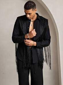 HIMLAND Áo sơ mi nam tay dài dệt dáng rộng, thời trang, phù hợp mặc hàng ngày, phong cách trẻ trung, dành cho mùa thu, phong cách cổ điển - màu đen - Xem 4